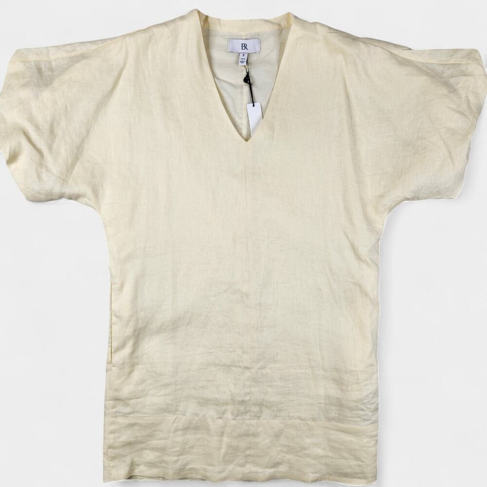 Banana Republic Mini Dress Women's Small Petite Yellow Linen V-Neck Puff Sleeve